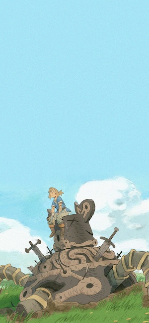 Ilustración de Link de Zelda sentado sobre un Guardián derrotado, estilo artístico de acuarela y anime, cielo azul claro.
