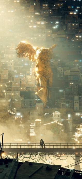 A giant golden statue of Nike (Winged Victory) in a dense, glowing cyberpunk city with a person and a dog on a bridge in the foreground.
