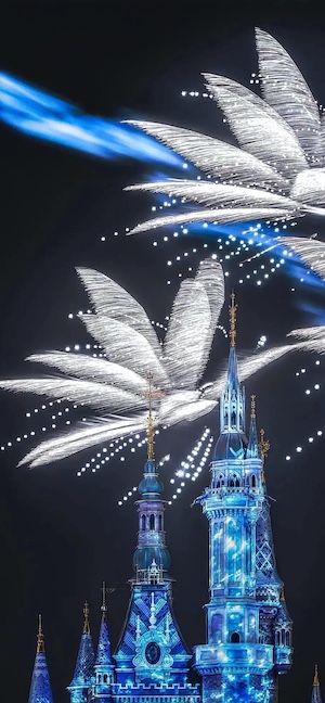 A majestic blue-lit Gothic castle at night with white feathery light displays and fireworks in the dark sky.