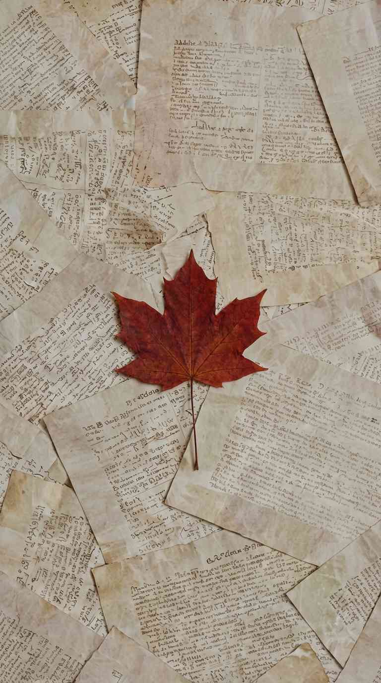 A vibrant red maple leaf centered on a background of scattered, aged yellowed parchment papers with handwritten script.