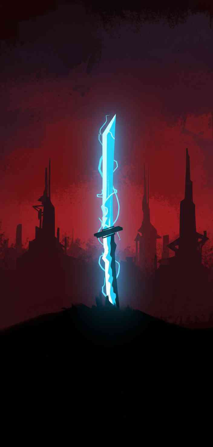 A glowing neon blue katana sword crackling with lightning against a dark red sky and city silhouettes.