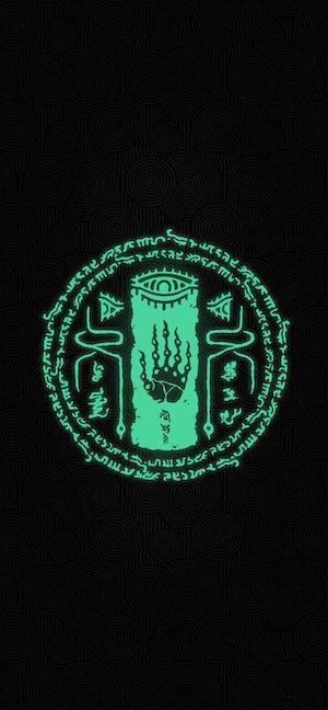 薩爾達傳說王國之淚中的勞魯之手符號，呈發光的薄荷綠色，位於黑色背景中央。