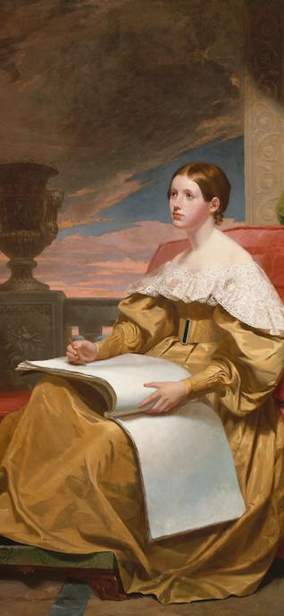 A classical oil painting of young Princess Victoria in a gold dress with a white lace collar, holding a sketchbook while sitting on a terrace at sunset.