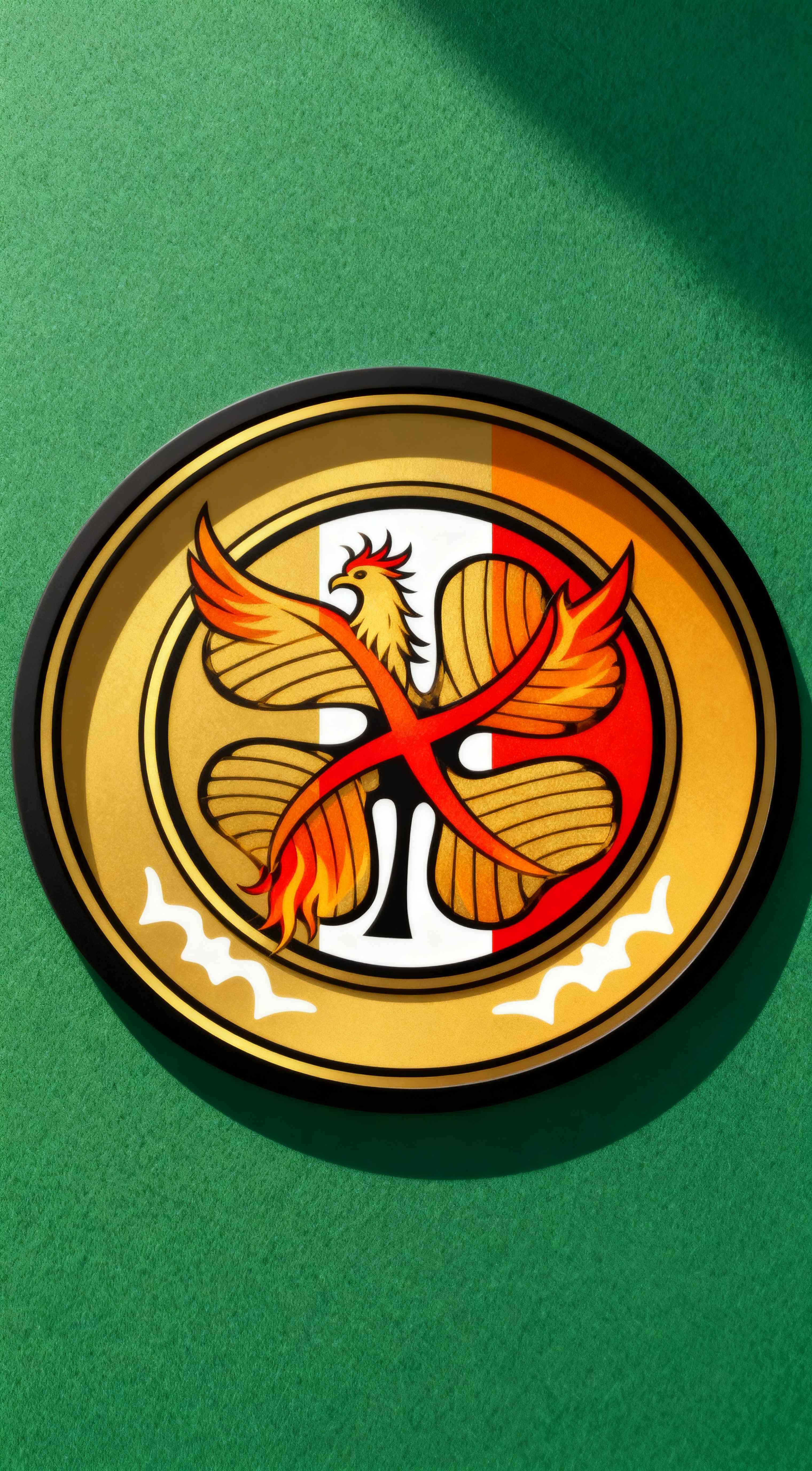 Gold and red Donquixote Family emblem with a phoenix bird design on a textured green background for mobile wallpaper.