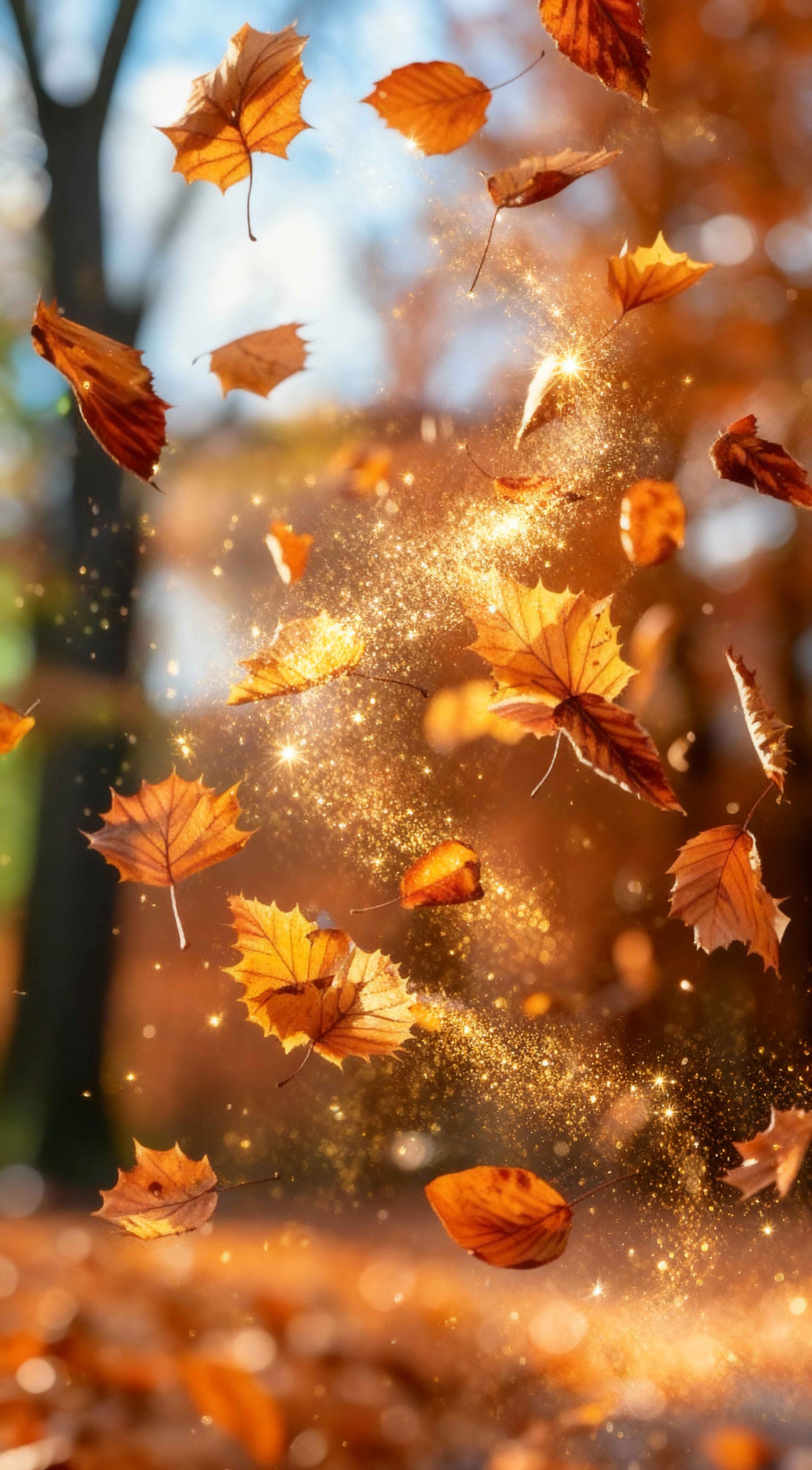 Golden autumn leaves falling with magical sparkling light particles in a blurry warm forest background.