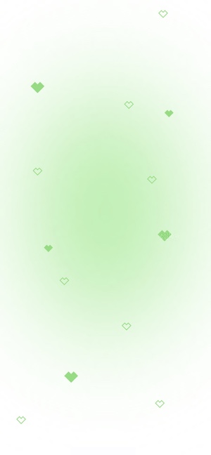 Small green pixelated hearts floating on a soft mint green gradient background.