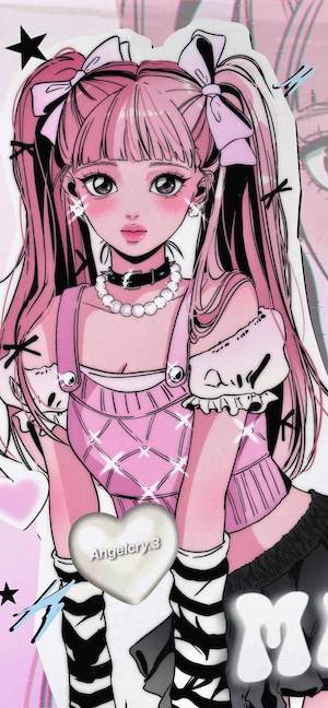 Anime-style girl with long pink twintails, wearing a sparkly pink top and black choker, aesthetic Y2K background.