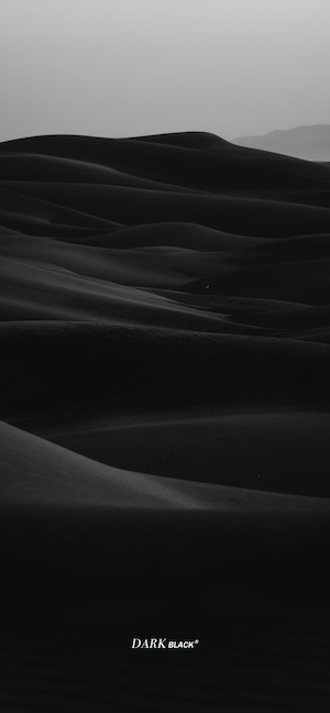 Imagen minimalista en blanco y negro de dunas de arena onduladas en un desierto oscuro.