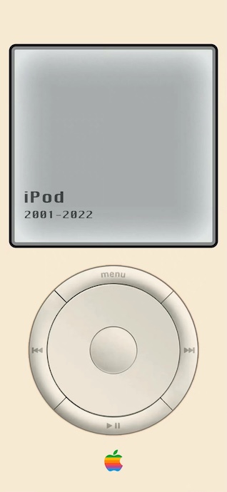 Ilustración de iPod original con texto 2001-2022 y logo de Apple retro sobre fondo crema.