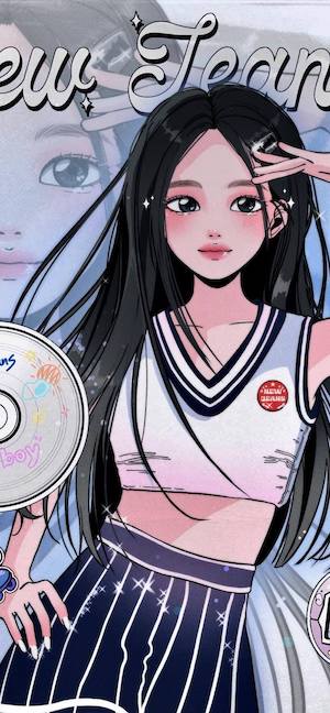 An anime-style illustration of Minji from NewJeans wearing a navy and white sporty crop top, holding a CD against a sparkling light blue background.