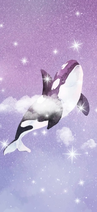 반짝이는 별과 흰 구름이 있는 보라색 밤하늘을 헤엄쳐 올라가는 범고래의 수채화 일러스트.