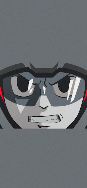 Ilustración vectorial de primer plano de Matthew Patel de Scott Pilgrim con casco gris y expresión de enojo.