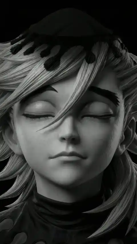 3D monochrome animated portrait of Doma from Demon Slayer with eyes closed and a dripping blood crown.