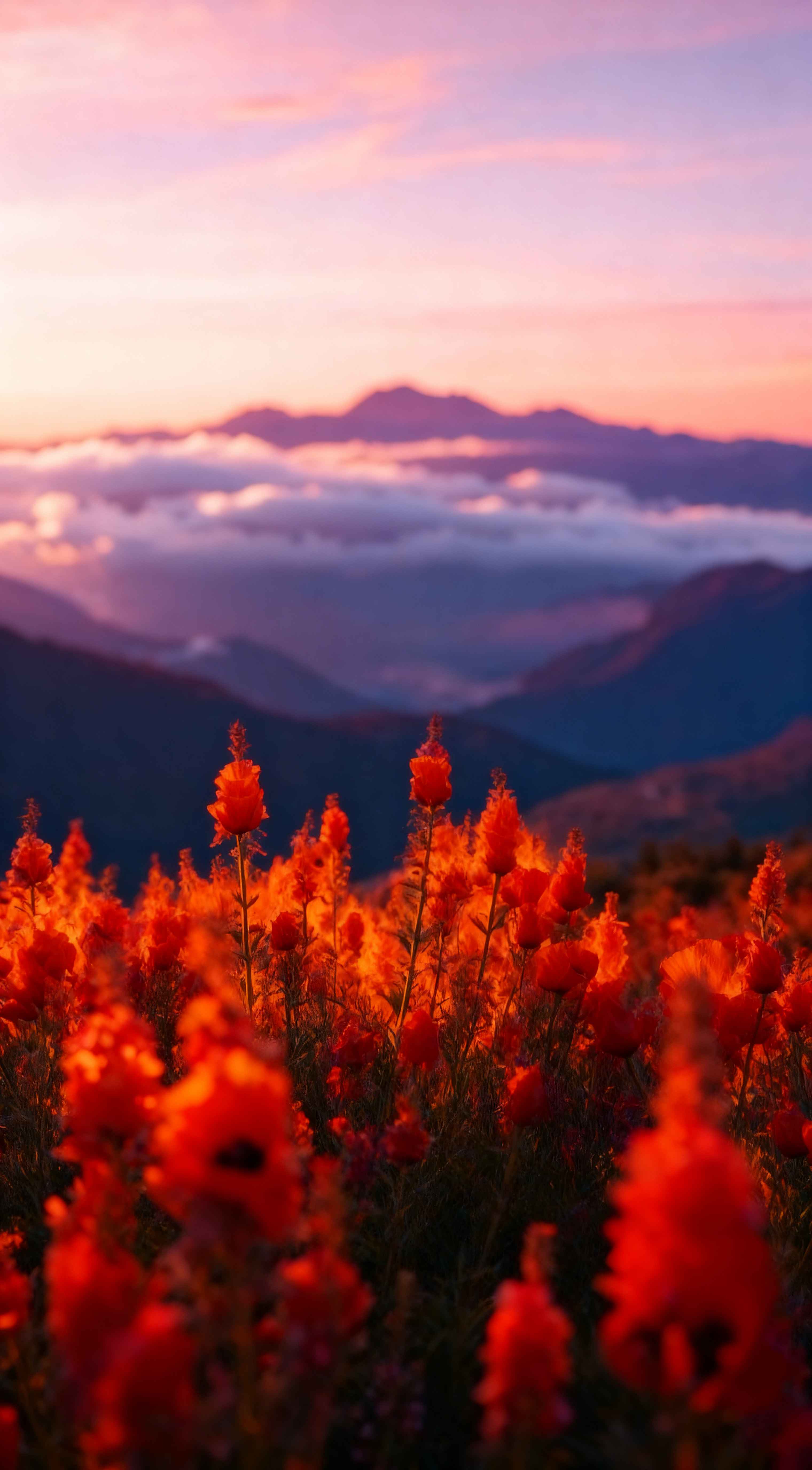 Field of vibrant red wildflowers at sunset with misty blue mountains and a pink sky in the background.