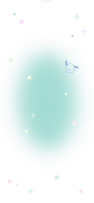 A minimalist mobile wallpaper featuring a tiny Pochacco head illustration on a mint green glow background with pastel stars and dots.