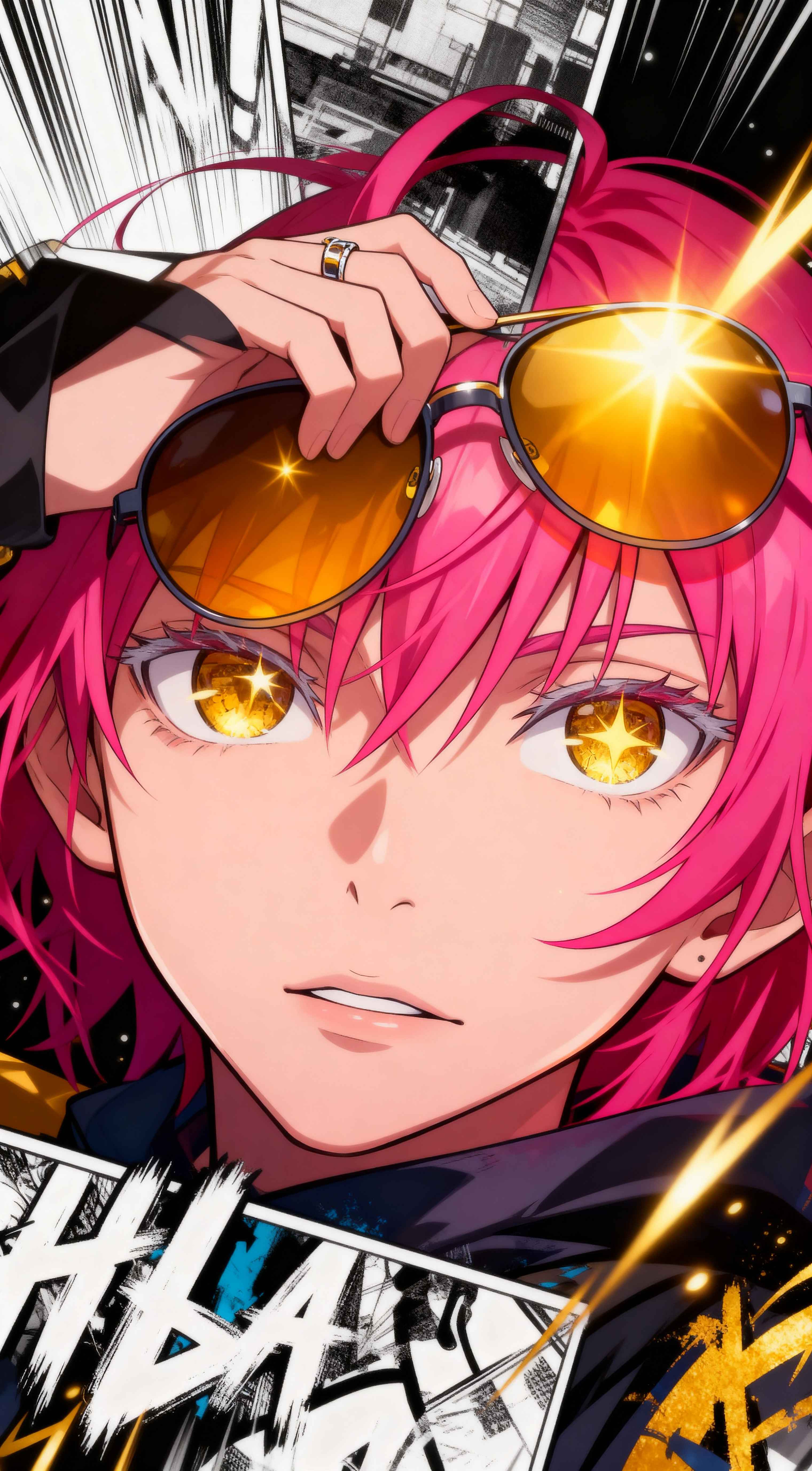 Close-up of an anime girl with bright pink hair, glowing golden eyes, and yellow sunglasses against manga panels.