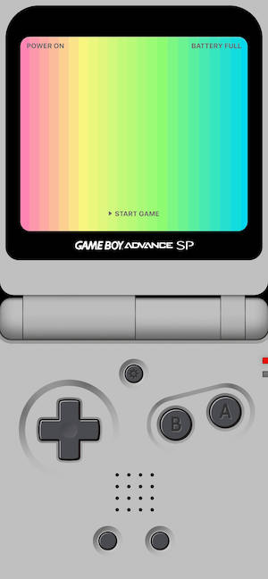 Ilustración de una Game Boy Advance SP plateada con pantalla de degradado arcoíris y botones clásicos.