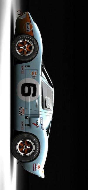 A vertical side profile of a light blue and orange Ford GT40 with the number 6 and Gulf racing decals against a black background.