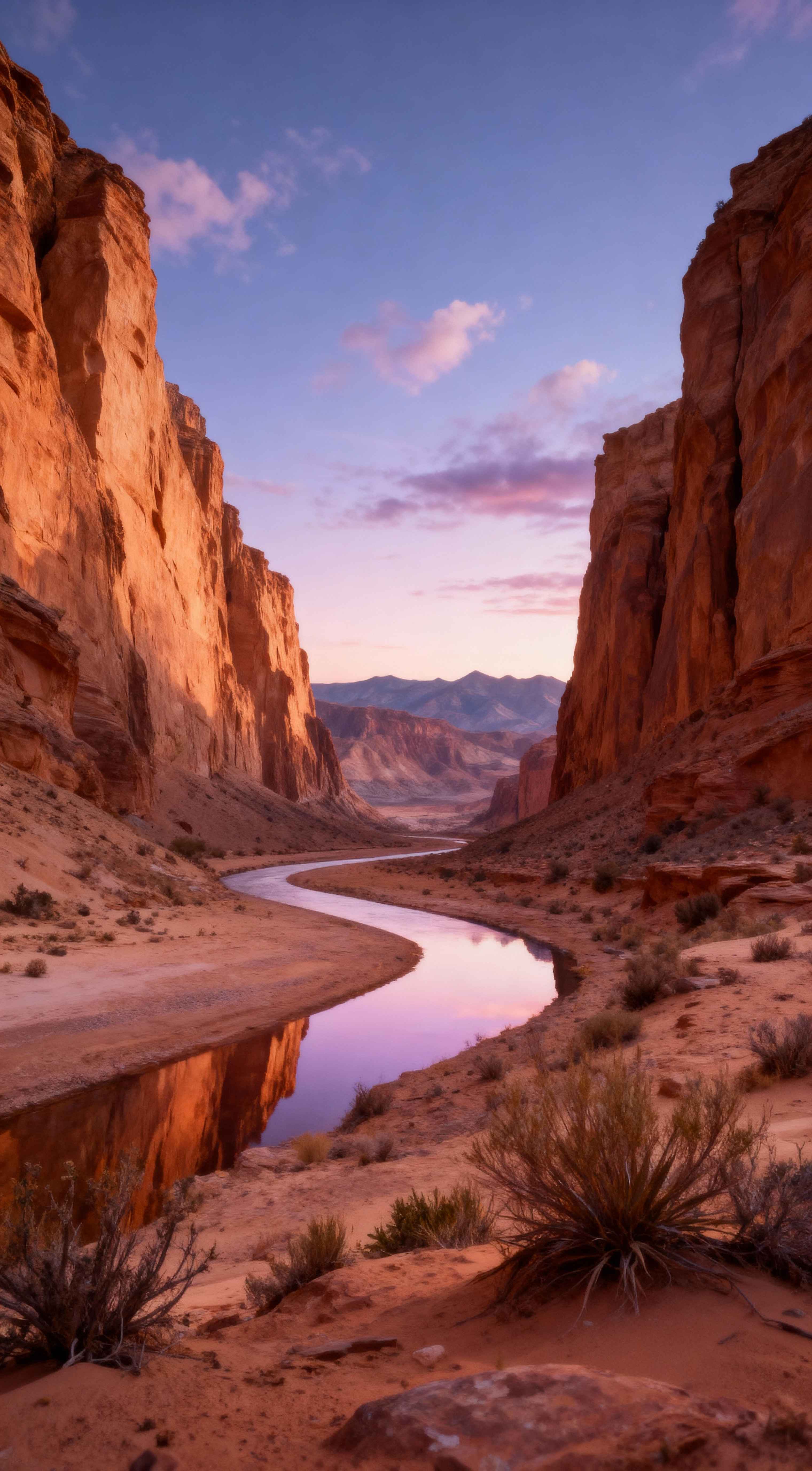 Winding river flowing through a deep red rock canyon under a purple and pink sunset sky with reflections.