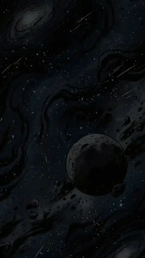 An artistic hand-drawn ink sketch of a deep space galaxy with planets, moons, and stars in a dark, high-contrast aesthetic.