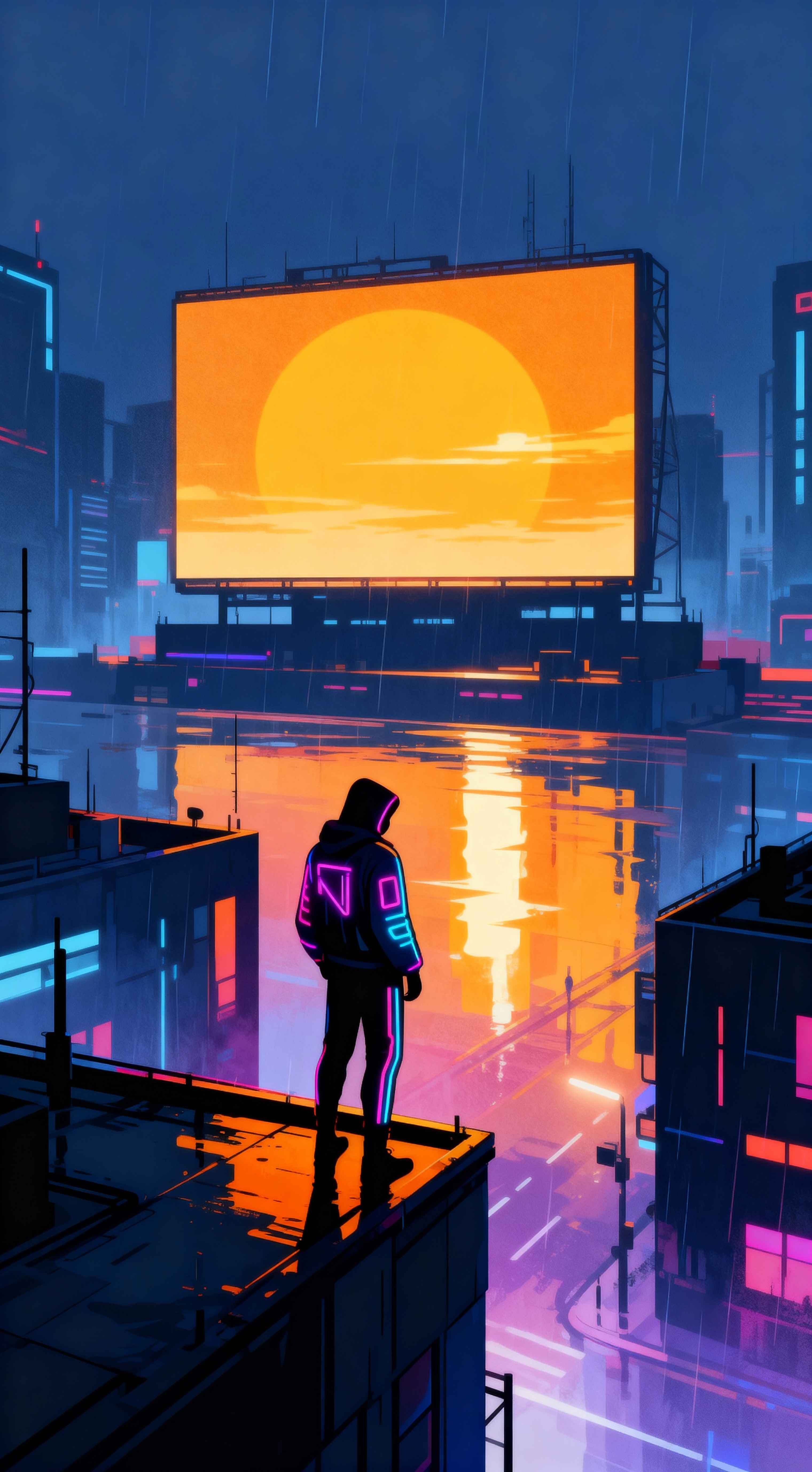 Cyberpunk man in neon jacket on rooftop overlooking rainy city with giant orange sunset billboard reflection.