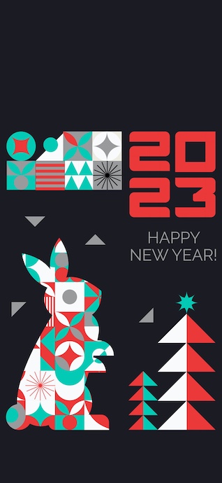 Un conejo con patrones geométricos en rojo y azul junto a un árbol estilizado con el texto 2023 Happy New Year sobre fondo oscuro.