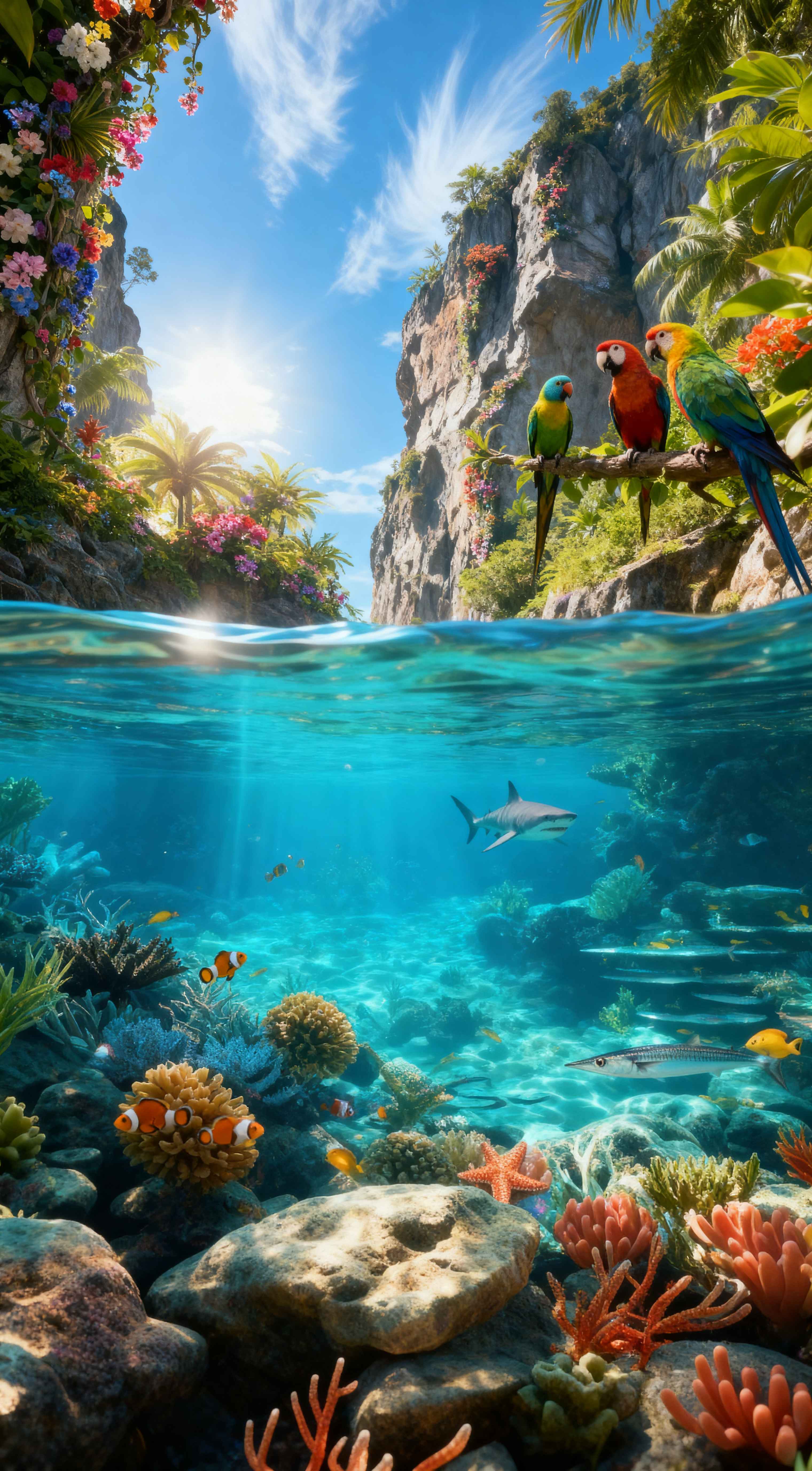 Split view of a tropical island with macaws above and a coral reef with a shark and clownfish below in clear blue water.