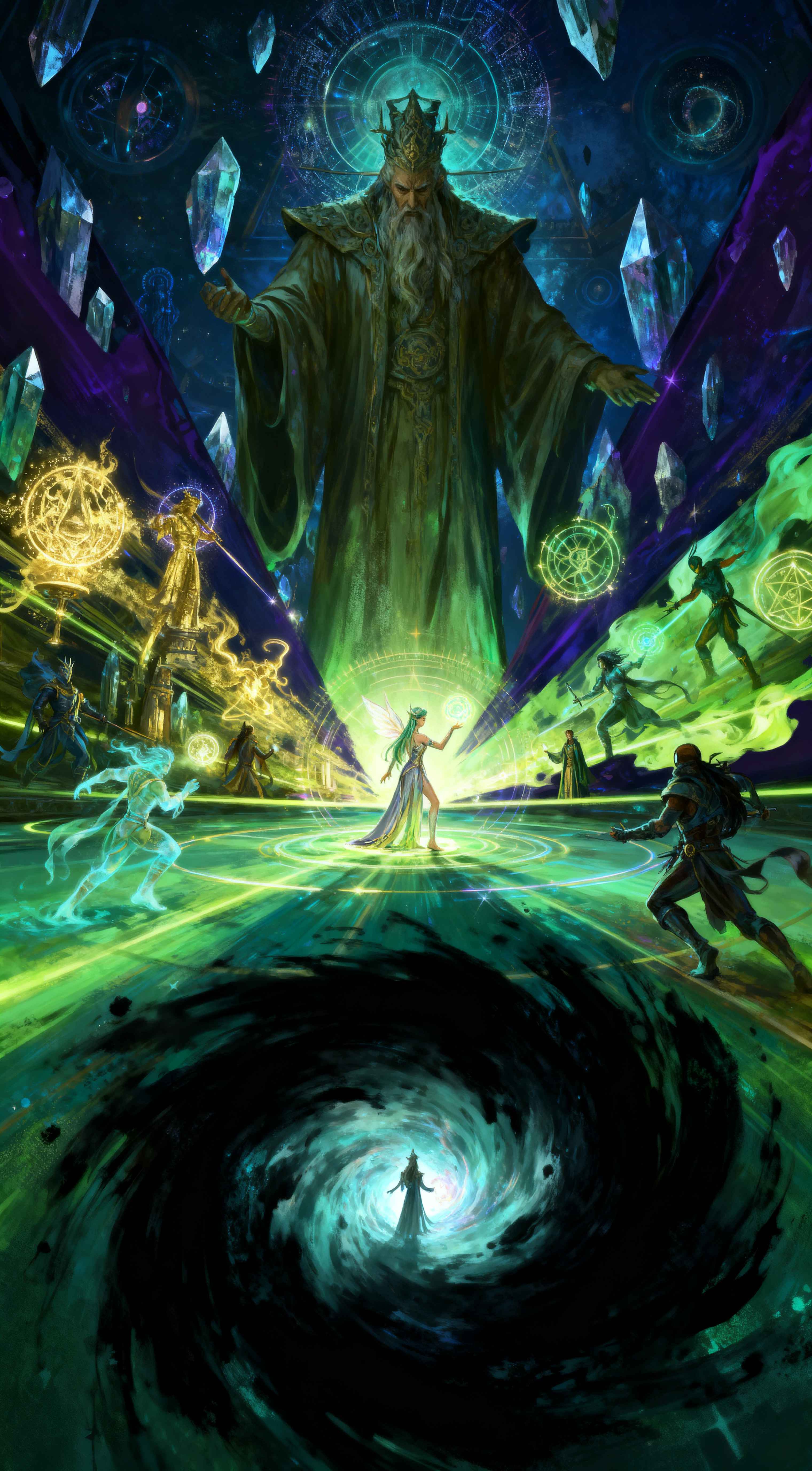 Giant wizard king with a white beard surrounded by emerald magic, crystals, and warriors in an epic fantasy scene.