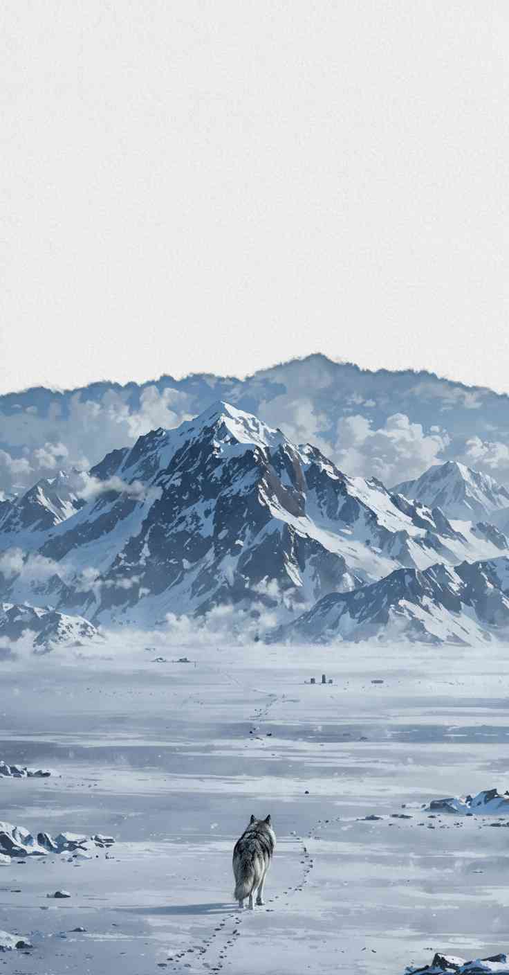 A lone grey wolf walks through a snowy field toward blue-tinted snow-capped mountains in a cinematic winter landscape.