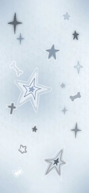 A soft blue hand-drawn wallpaper featuring various doodle stars, sparkles, and small bone icons in a minimalist y2k aesthetic.