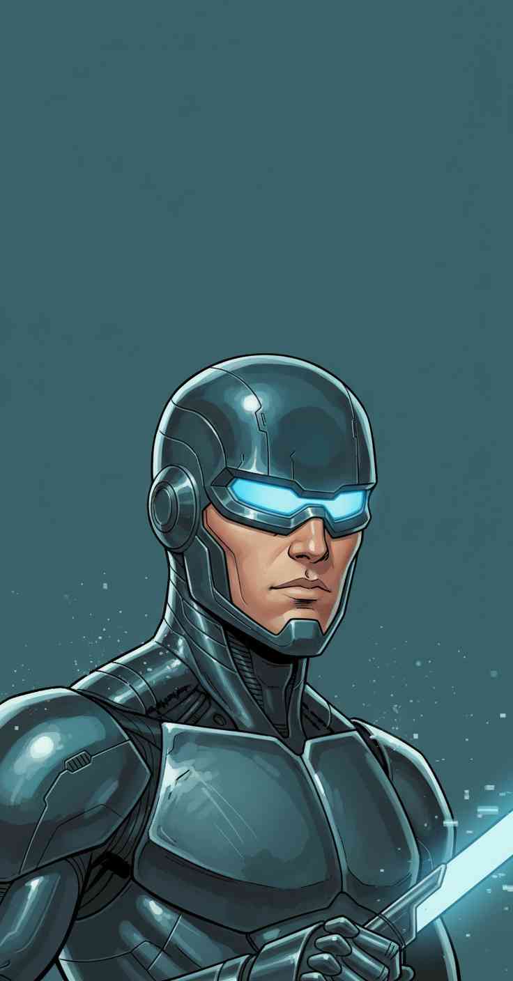 Portrait of a futuristic soldier in metallic teal armor with glowing blue visors in a comic book art style.
