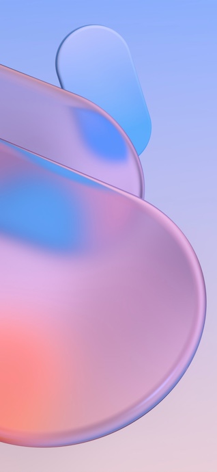 Formes abstraites 3D lisses avec dégradés rose et bleu sur fond lavande doux, effet de verre.