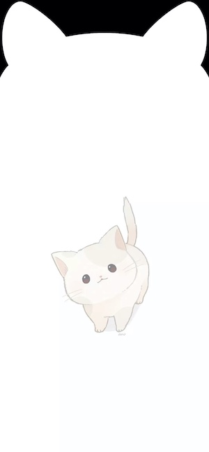 簡約風格的可愛白色小貓插畫，背景為純白，上方帶有適配手機瀏海的貓耳剪影。