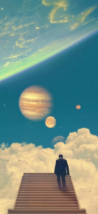 A man in a dark suit walking up a long wooden staircase above white clouds toward planets and a cosmic nebula in a teal and gold sky.