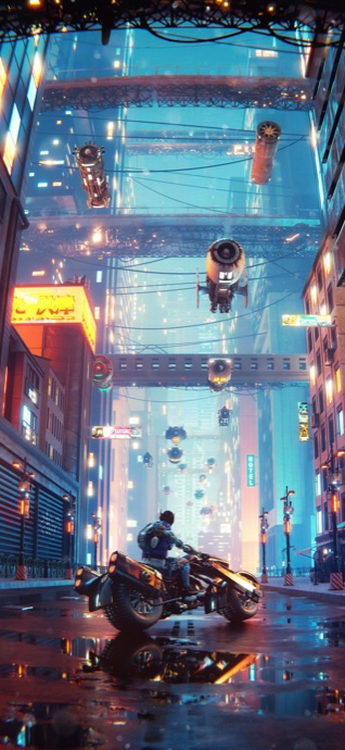 A futuristic cyberpunk city street at night with a motorcycle rider, neon signs, and flying vehicles reflected in rain puddles.