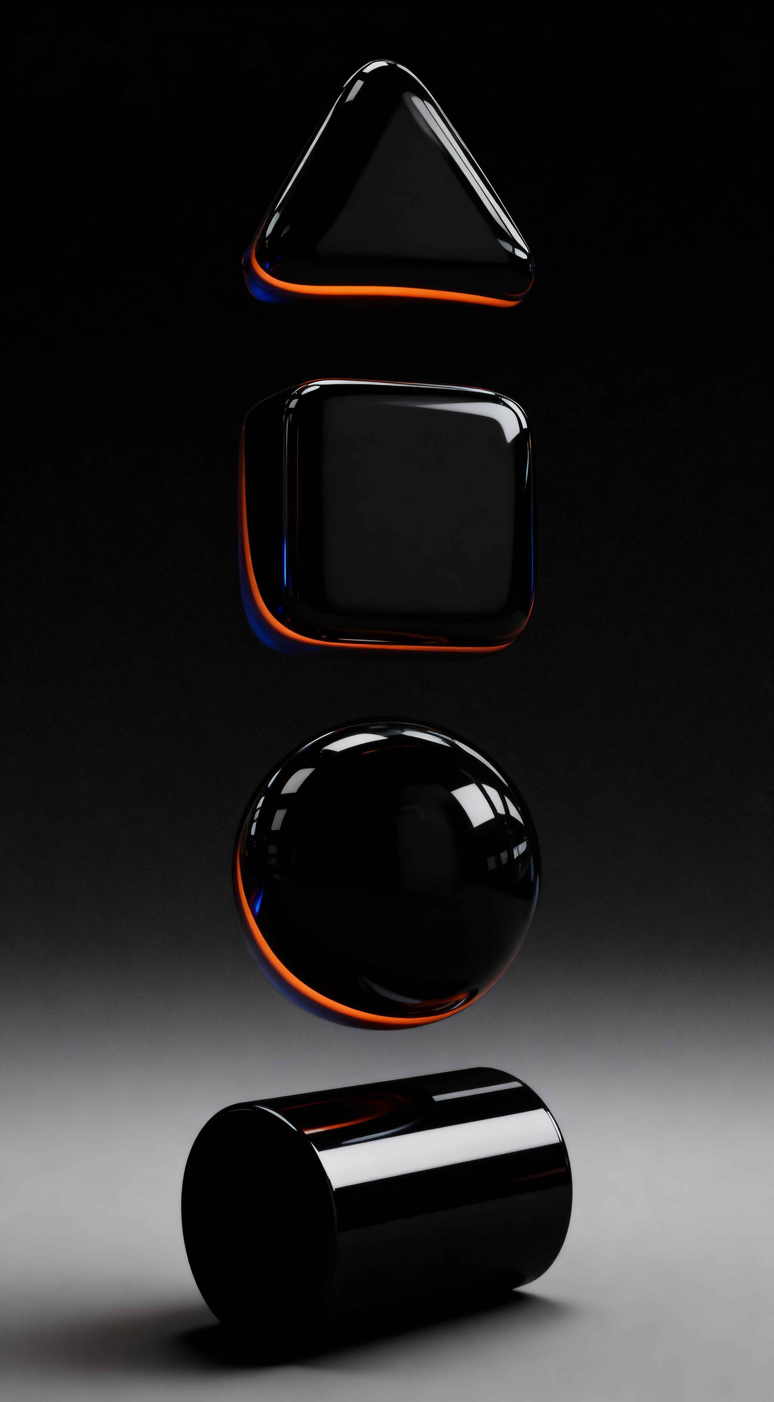 3D glossy black geometric shapes stacked vertically with orange and blue rim lighting on a dark background.