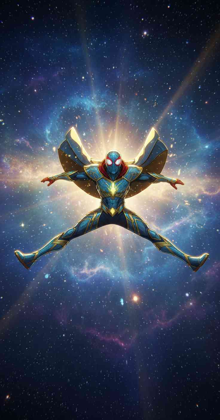 Cosmic Spider-Man in gold and blue armor floating in a starry nebula galaxy with bright cinematic light rays.