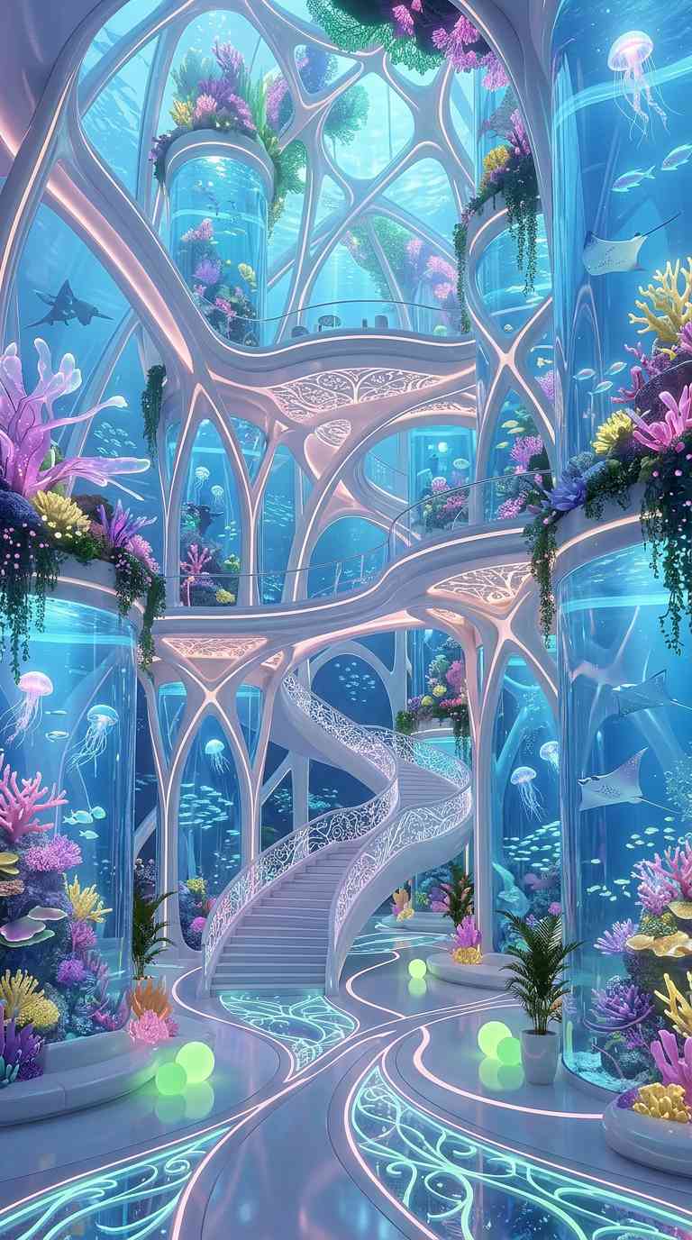 巨大な水槽の中に建つ白い未来的な建物と、光るクラゲや紫色のサンゴが美しい水中風景。