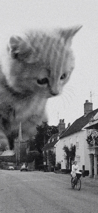 A black and white surreal composite photo of a massive kitten looking down at a vintage European street with a woman riding a bicycle.