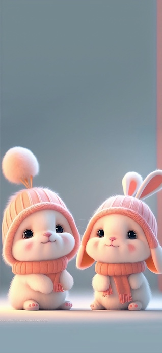 Zwei süße 3D-Hasen mit rosa Strickmützen und Schals auf weichem Hintergrund.