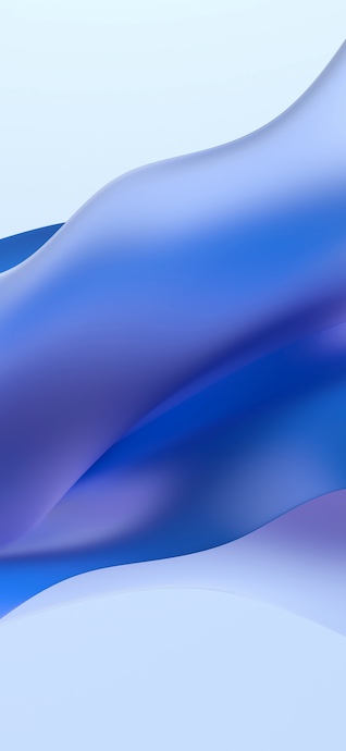 Un rendu 3D abstrait de vagues fluides bleues et violettes avec un éclairage doux sur fond clair.