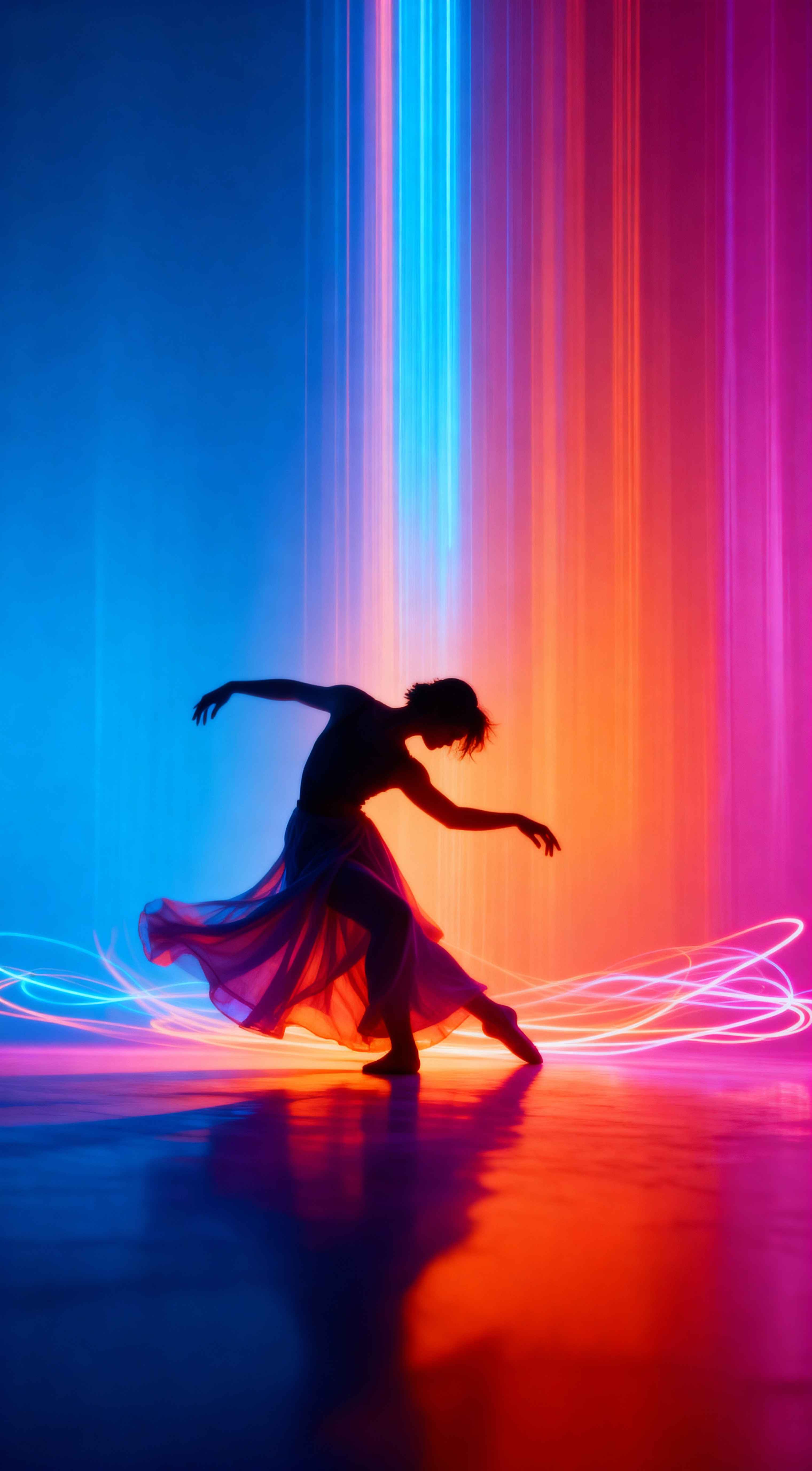 Silhouette of a woman dancing against a backdrop of vertical neon light beams and swirling blue and orange light trails.