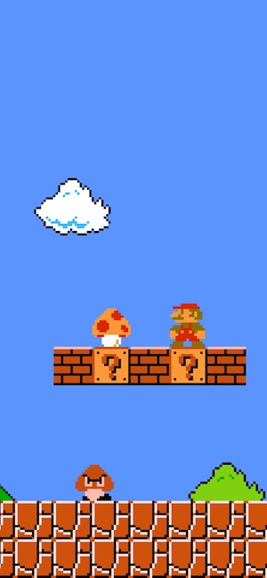 An 8-bit pixel art scene from Super Mario Bros on a blue background featuring Mario, a Super Mushroom, a Goomba, and question blocks.