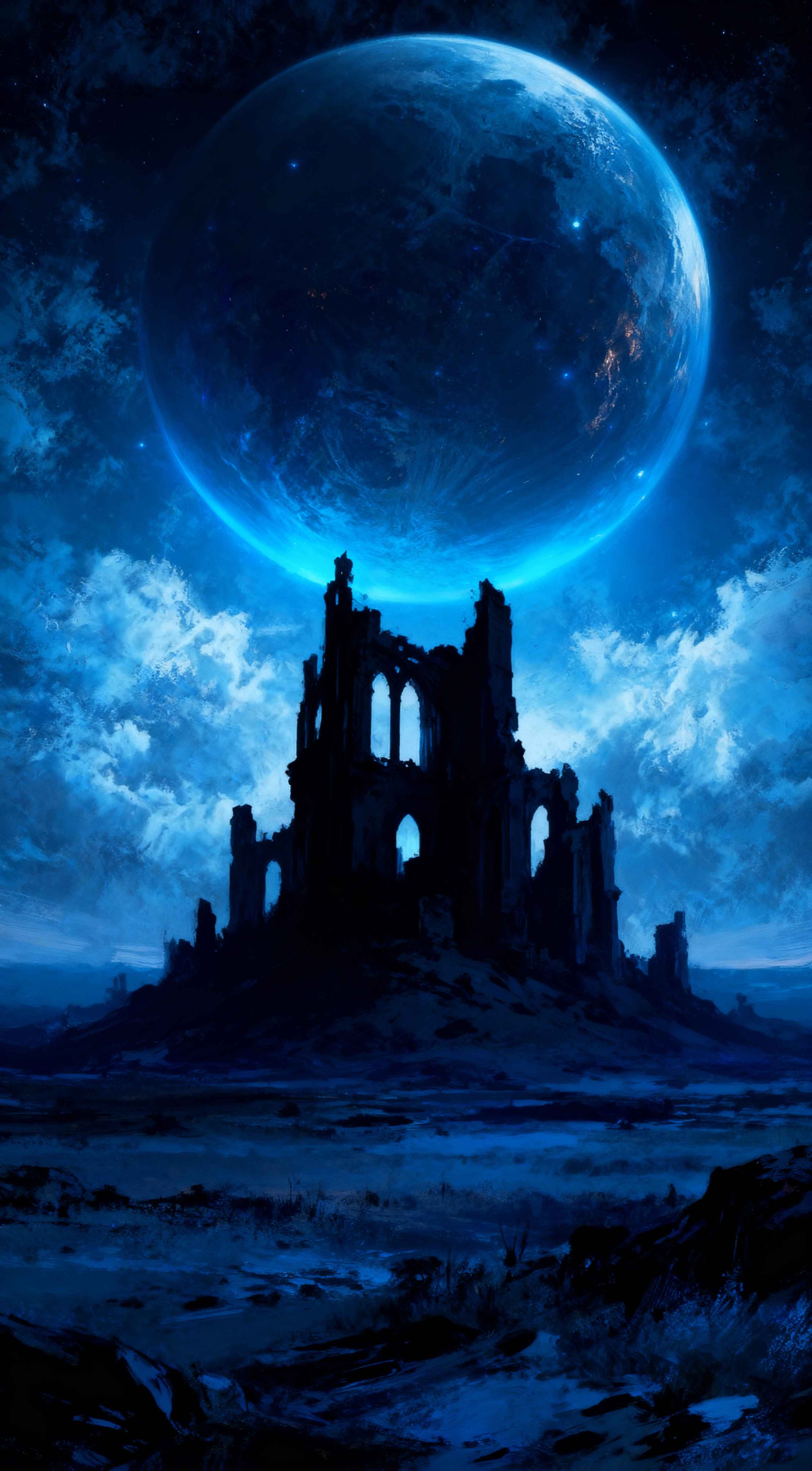Silhouette of a gothic castle ruin against a giant glowing blue moon in a dark fantasy night sky.