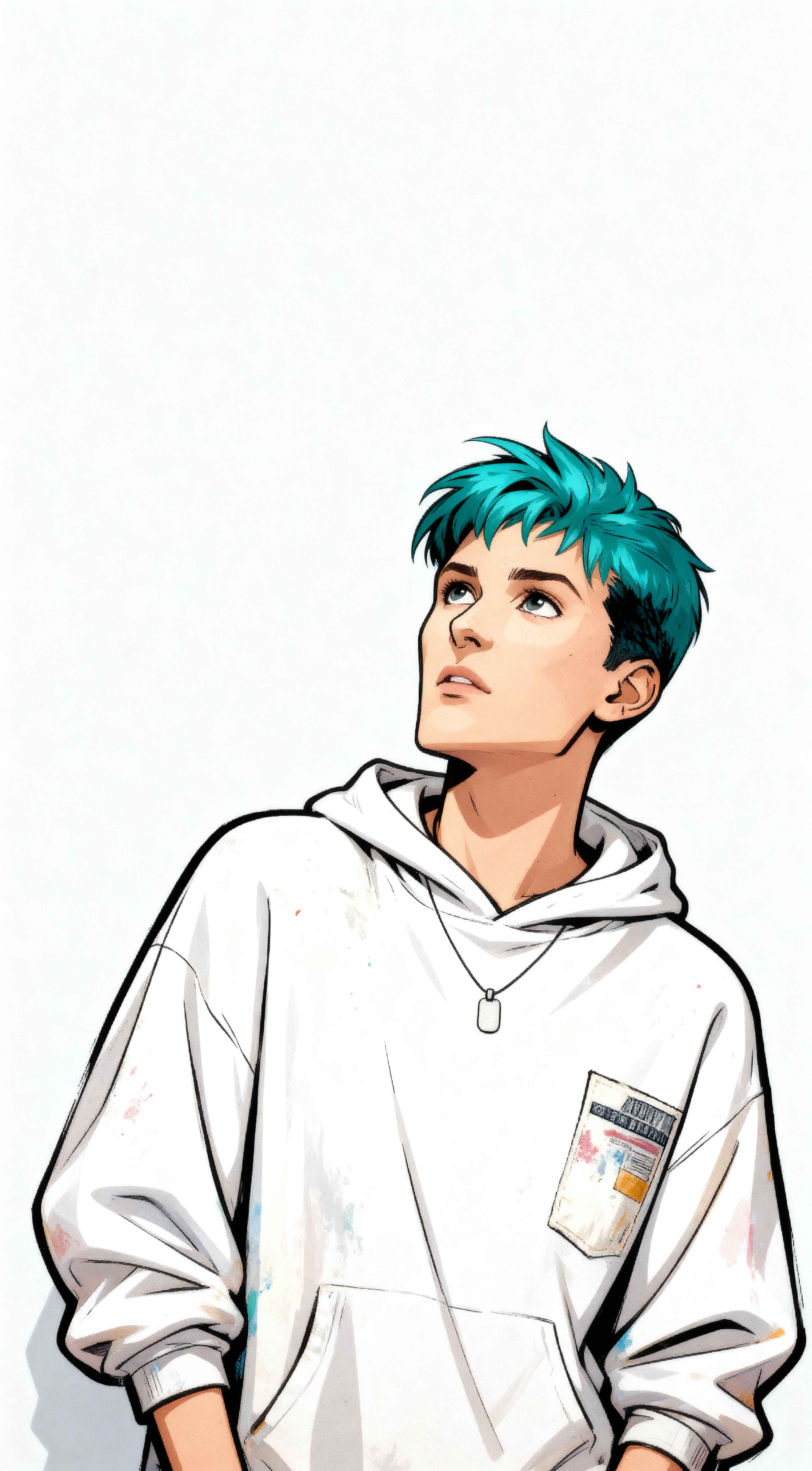 Anime boy with vibrant teal hair and white hoodie looking up against a white background, minimalist webtoon style art.