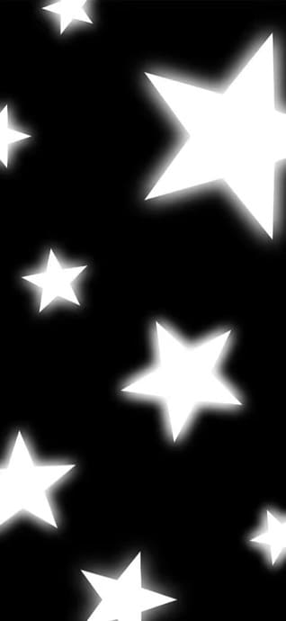 Ein Muster aus weißen fünfzackigen Sternen mit einem sanften Neon-Glow-Effekt auf einem soliden schwarzen, kontrastreichen Hintergrund.