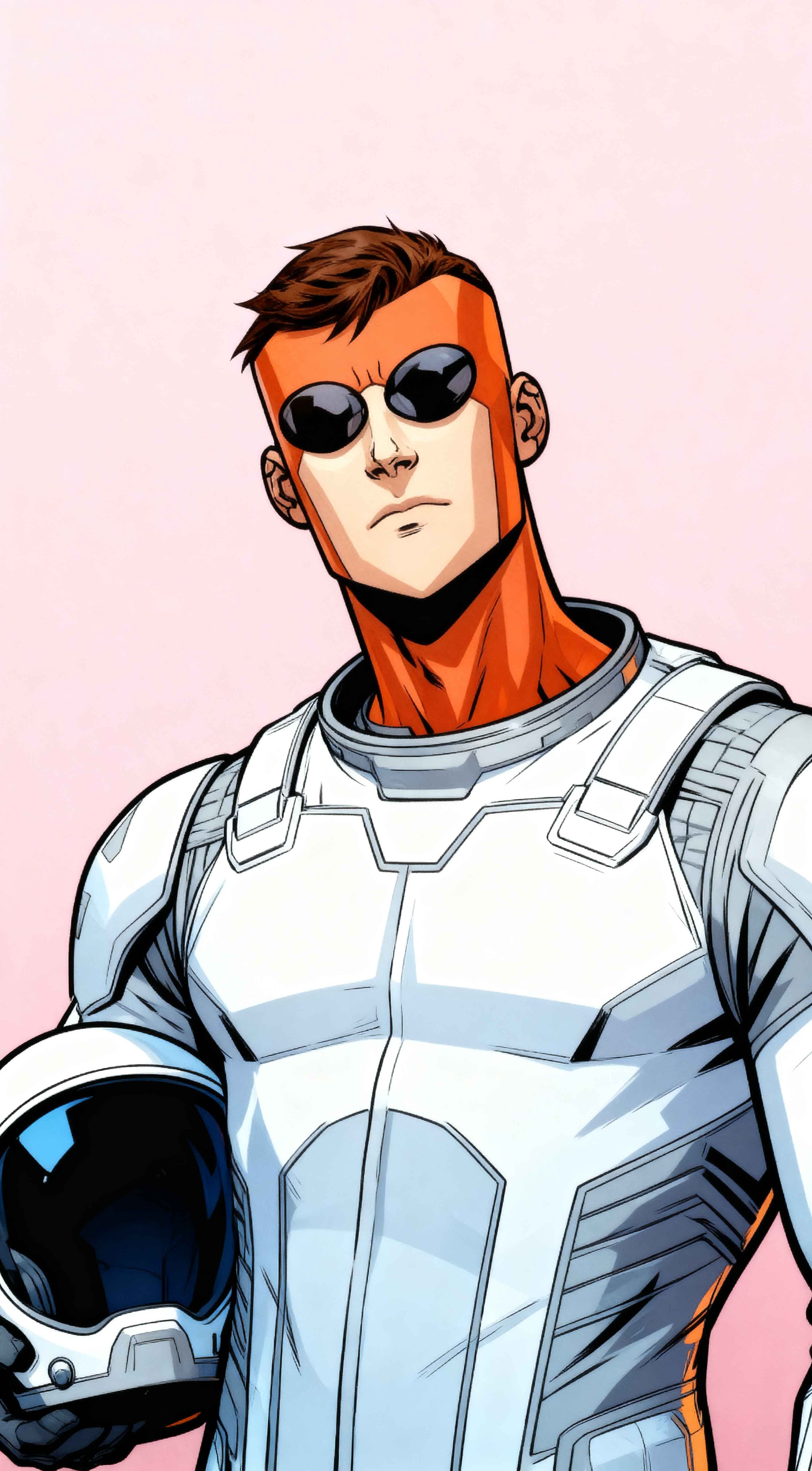 Rex Splode from Invincible in a white space suit and orange cowl, holding a helmet against a pink background.
