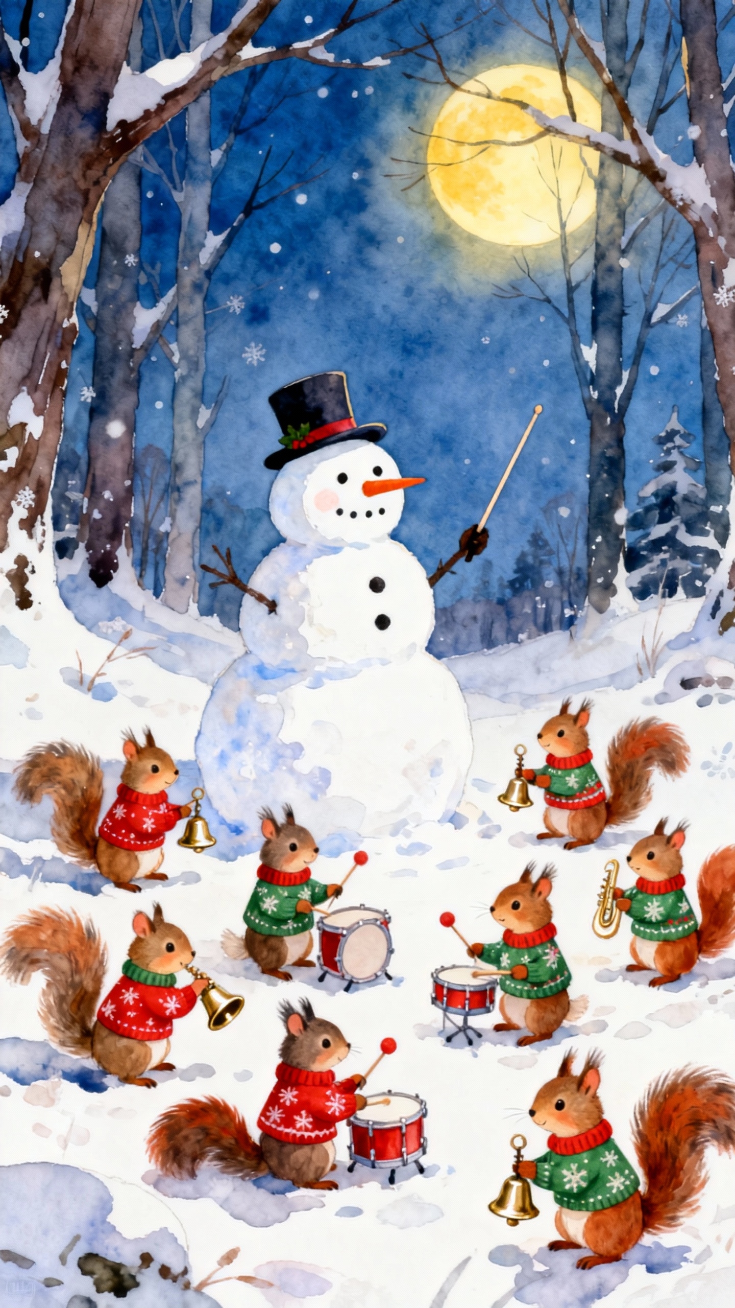 Snowmen Playing Instruments Winter Squirrel Band & Snowman Watercolor - 4K Wallpaper | LiCoWa