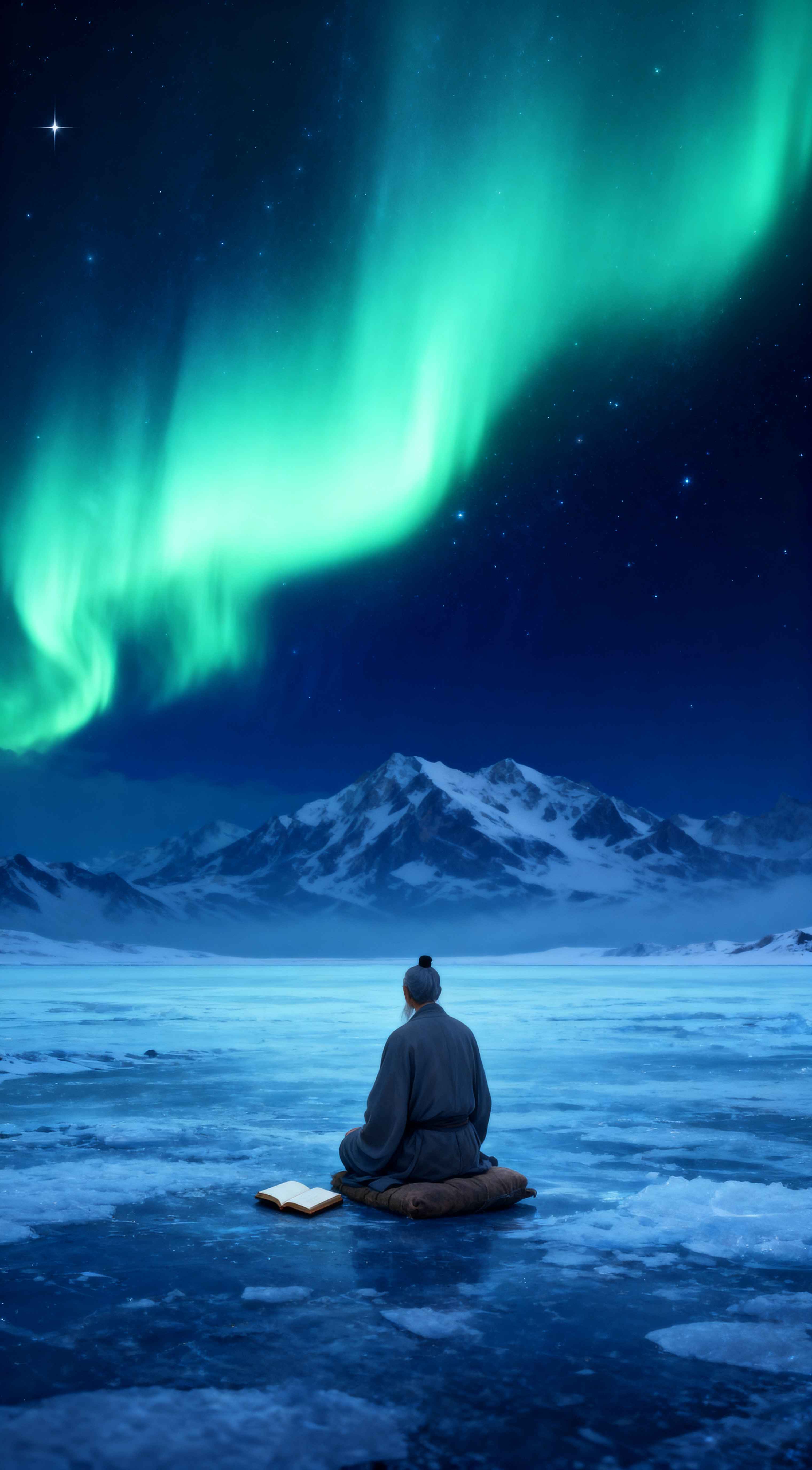 A monk sitting on ice reading under a vibrant green Aurora Borealis and starry night sky with snowy mountains.