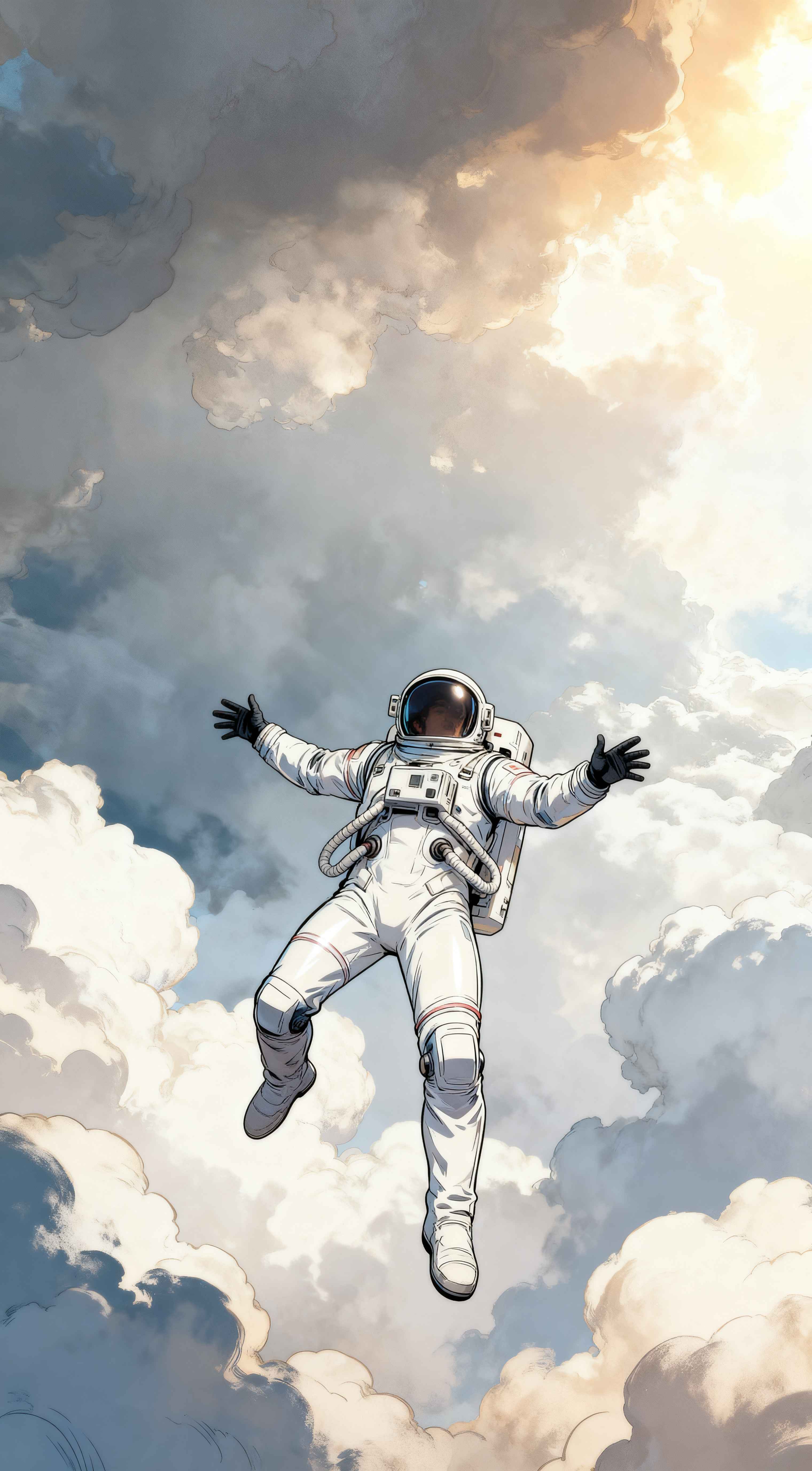 An illustration of an astronaut in a white suit floating with arms wide open against a backdrop of soft fluffy clouds.